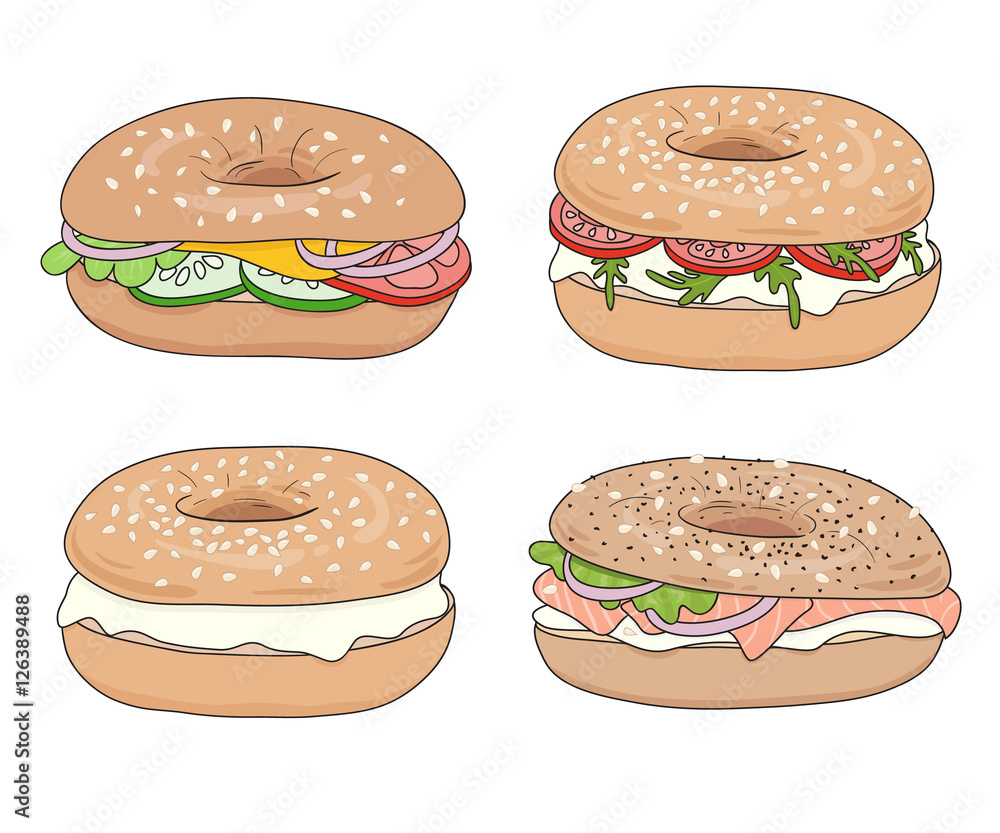 Set of 4 fresh bagel sandwiches with various fillings: cream cheese, salmon fillet (lox), vegetables. Delicious bagel take away fast food breakfast. Vector hand drawn illustration, isolated. Set of 4 fresh bagel sandwiches with various fillings: cream cheese, salmon fillet (lox), vegetables. Delicious bagel take away fast food breakfast. Vector hand drawn illustration, isolated.