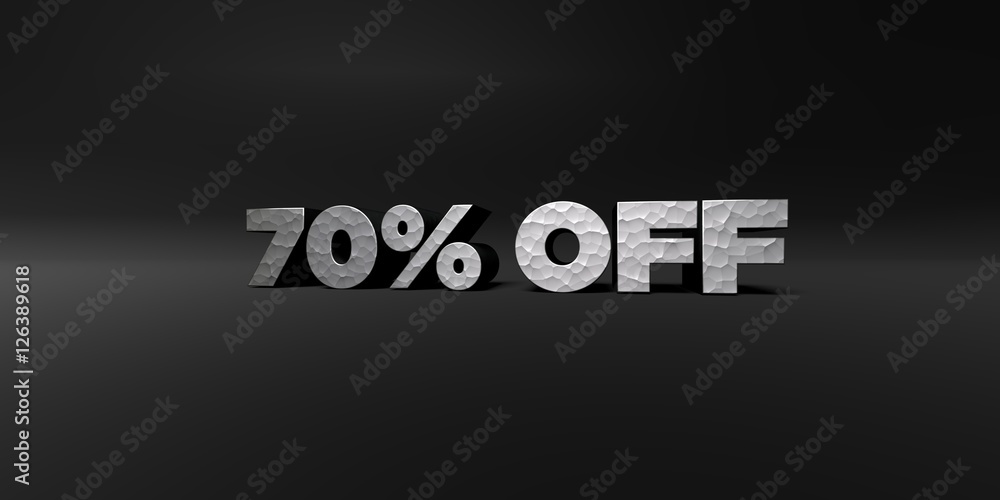 70% OFF - hammered metal finish text on black studio - 3D rendered royalty free stock photo. This image can be used for an online website banner ad or a print postcard.
