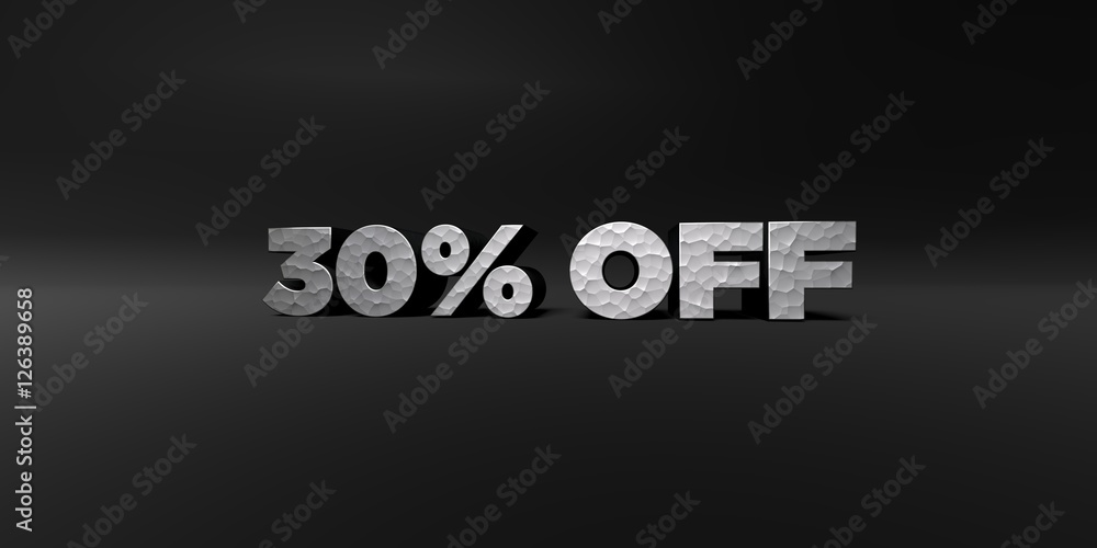 30% OFF - hammered metal finish text on black studio - 3D rendered royalty free stock photo. This image can be used for an online website banner ad or a print postcard.