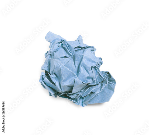 Crumpled blue paper ball isolated over white background