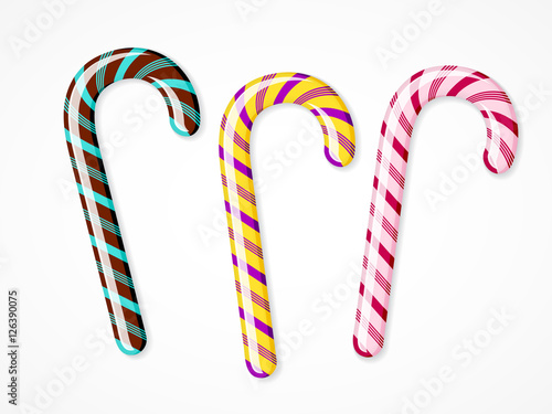 Vector candy canes set on white background. Three colorful Christmas peppermint sticks.