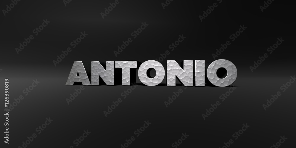 Obraz premium ANTONIO - hammered metal finish text on black studio - 3D rendered royalty free stock photo. This image can be used for an online website banner ad or a print postcard.