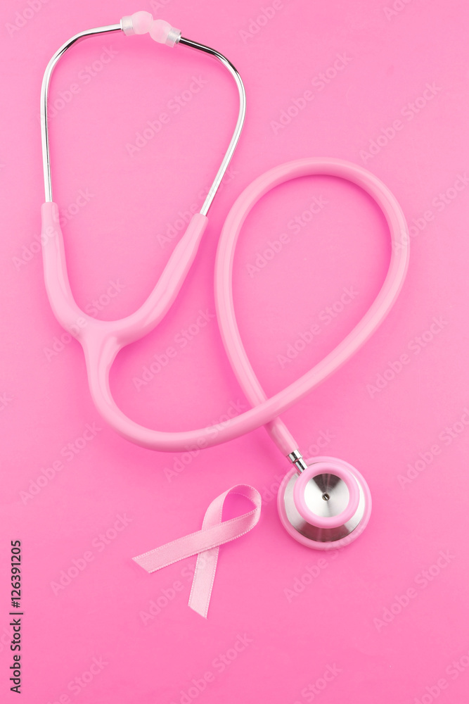 Stethoscope with pink ribbon on color background. Breast cancer concept  Stock Photo | Adobe Stock