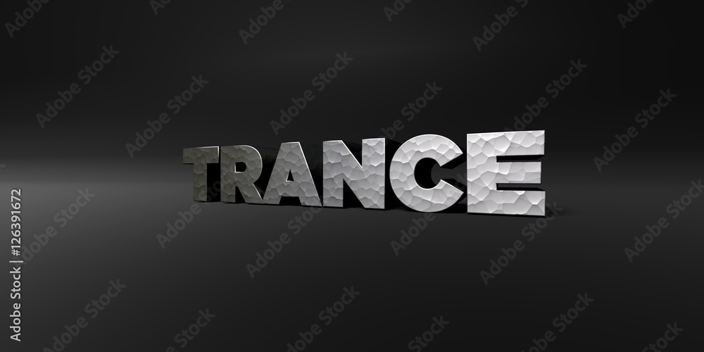 TRANCE - hammered metal finish text on black studio - 3D rendered royalty free stock photo. This image can be used for an online website banner ad or a print postcard.