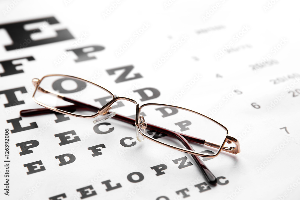 Glasses lying on eye test chart, close up view. Healthy eyes concept Glasses lying on eye test chart, close up view. Healthy eyes concept