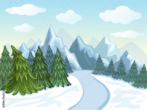 Winter landscape with mountains and pine tree