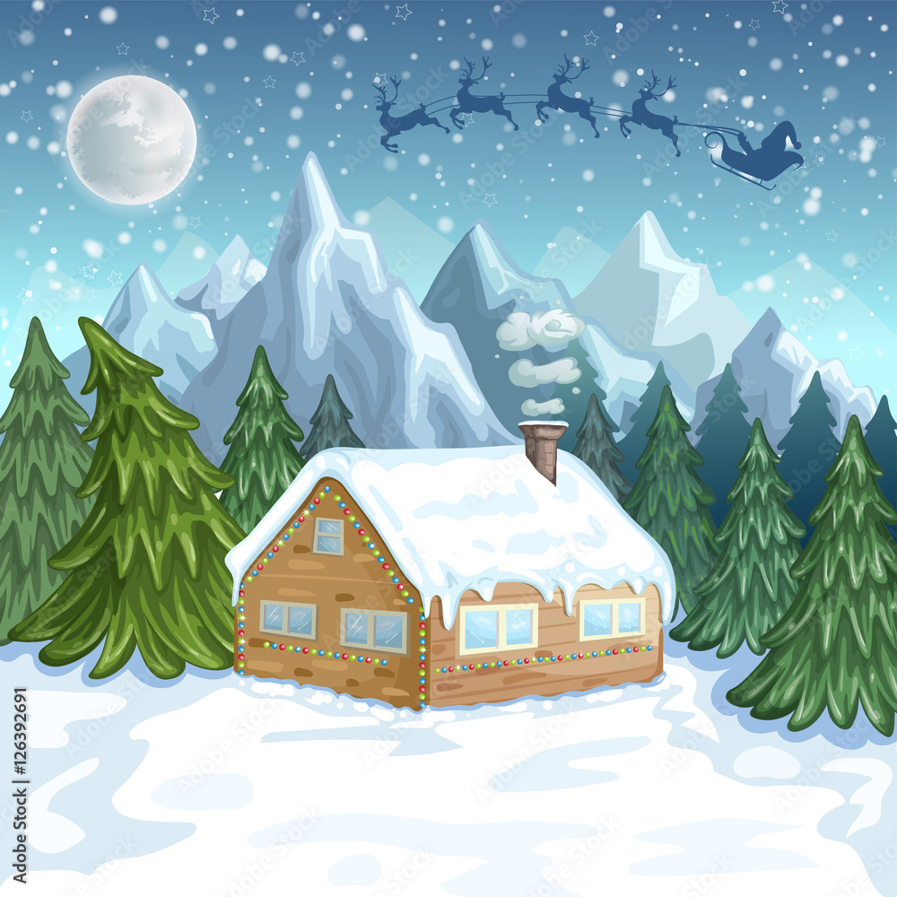Fototapeta premium Merry Christmas Card. Illustration with Christmas house and Santa Claus in sleigh with reindeer