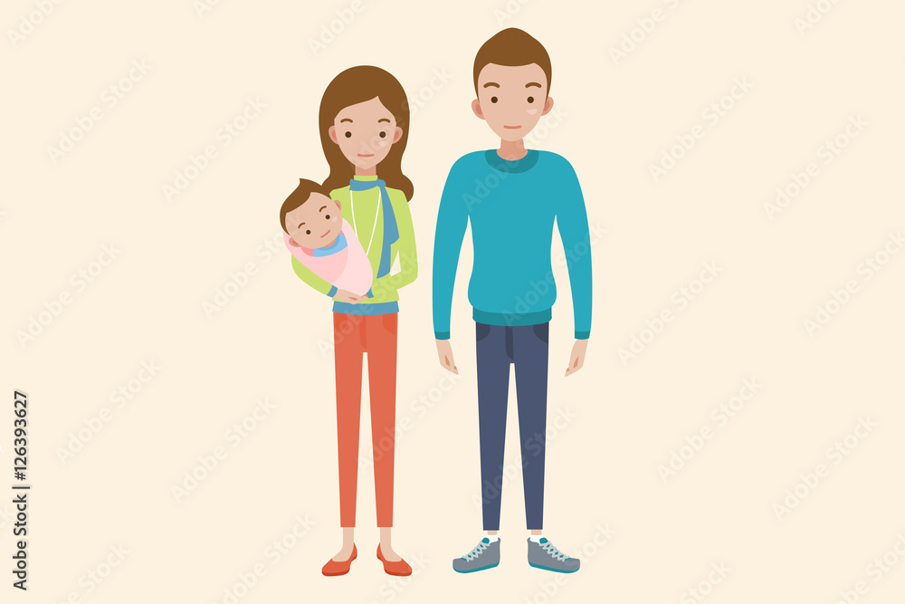 Cute cartoon young couple holding a baby and smiling, isolated on Beige background.