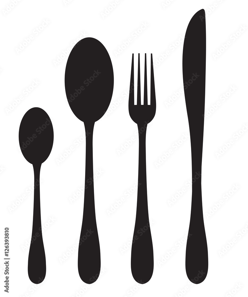 Dinner set silhouette icons. Spoon, fork, knife silhouette on a white background. Vector illustration Dinner set silhouette icons. Spoon, fork, knife silhouette on a white background. Vector illustration