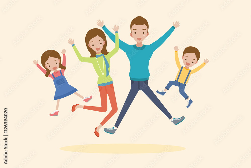 Young happy family jumping isolated on a Beige background Young happy family jumping isolated on a Beige background