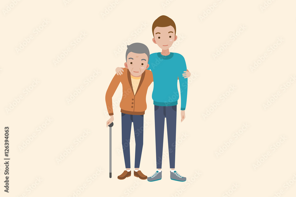 Fototapeta premium Cheerful father and son hugging and posing together isolated on Beige background