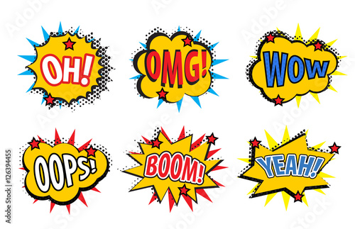 Set comic stickers, retro style. Set comic stickers icons isolated on white background. Set pop art stickers, comic style design element. Vector illustration