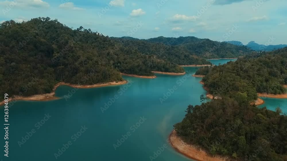 Aerial: Flying over the jungle on the lake. Aerial: Flying over the jungle on the lake.