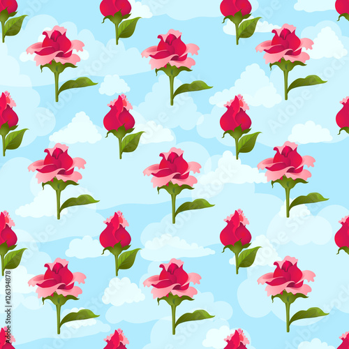 Seamless pattern of roses on sky background