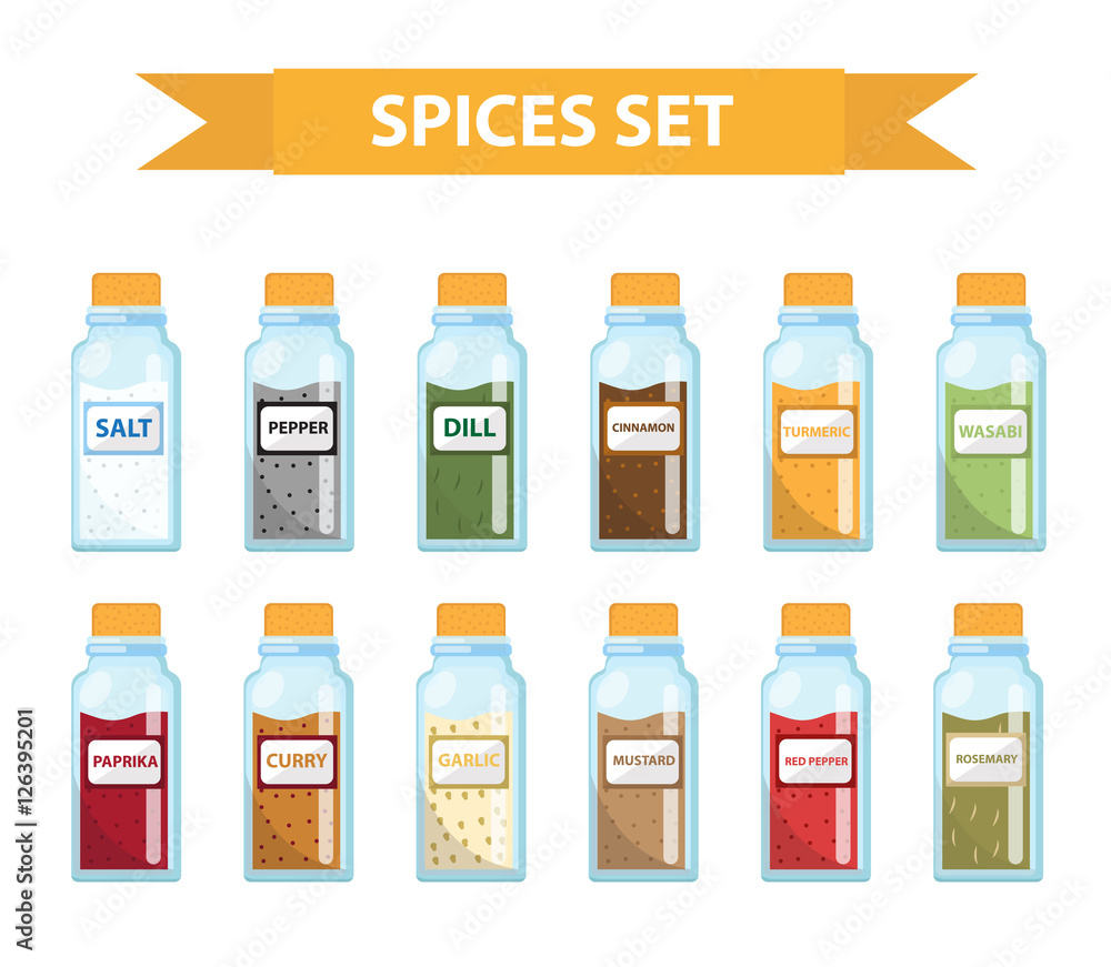 Set spices in jars, flat style. Set of different spices, herbs in a glass jar, isolated icons on a white background. Spices, seasonings in a glass jar, a design element. Vector illustration