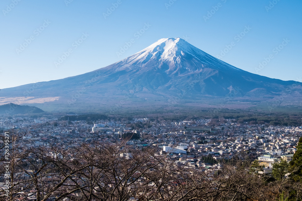 View of Mt.Fuji and Fujiyoshida City from the Chureito Pagoda viewpoint, Japan