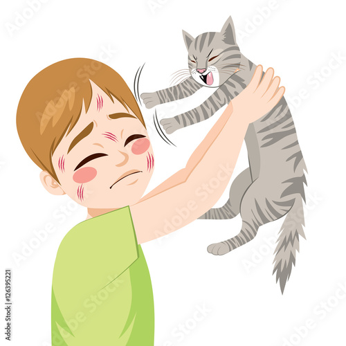 Funny illustration of cat scratching little boy