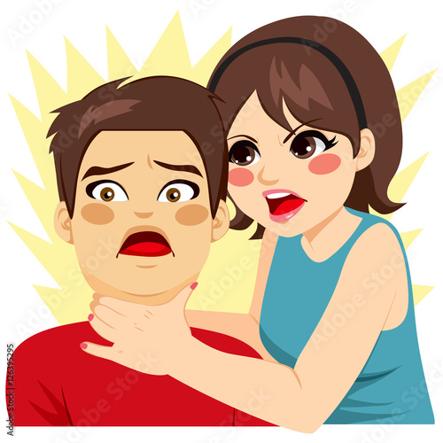Young angry woman strangling shocked helpless man