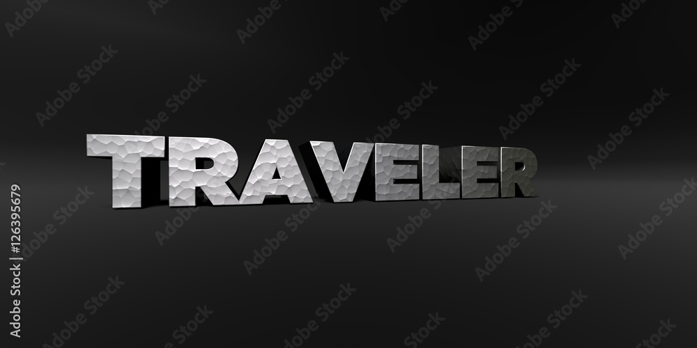 TRAVELER - hammered metal finish text on black studio - 3D rendered royalty free stock photo. This image can be used for an online website banner ad or a print postcard. TRAVELER - hammered metal finish text on black studio - 3D rendered royalty free stock photo. This image can be used for an online website banner ad or a print postcard.