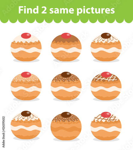 Children's educational game. Find two same pictures. Set of donuts, for the game find two same pictures. Vector illustration.