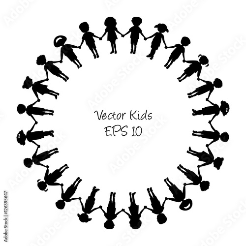 Children silhouettes holding hands on a circle