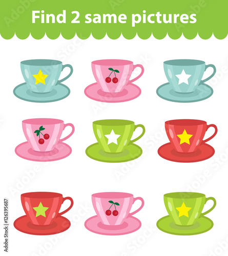 Children's educational game. Find two same pictures. Set of cups, for the game find two same pictures. Vector illustration.