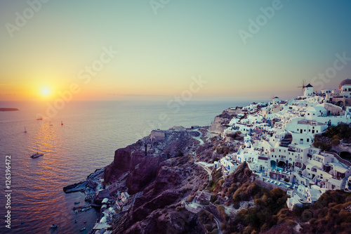 View over Oia village at sunset, Santorini, Greece. Instagram vintage style