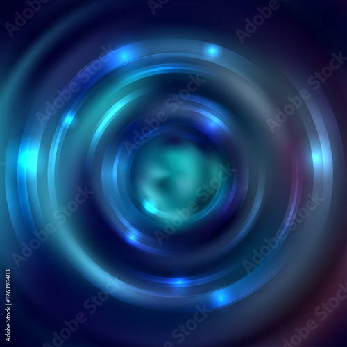 Blue ector round frame. Shining circle banner. Vector design. Glowing spiral