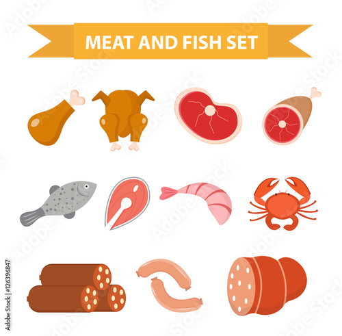 Meat and seafood icon set, flat style. Meat and fish set isolated on a white background. Meat and sausage, protein foods. Vector illustration
