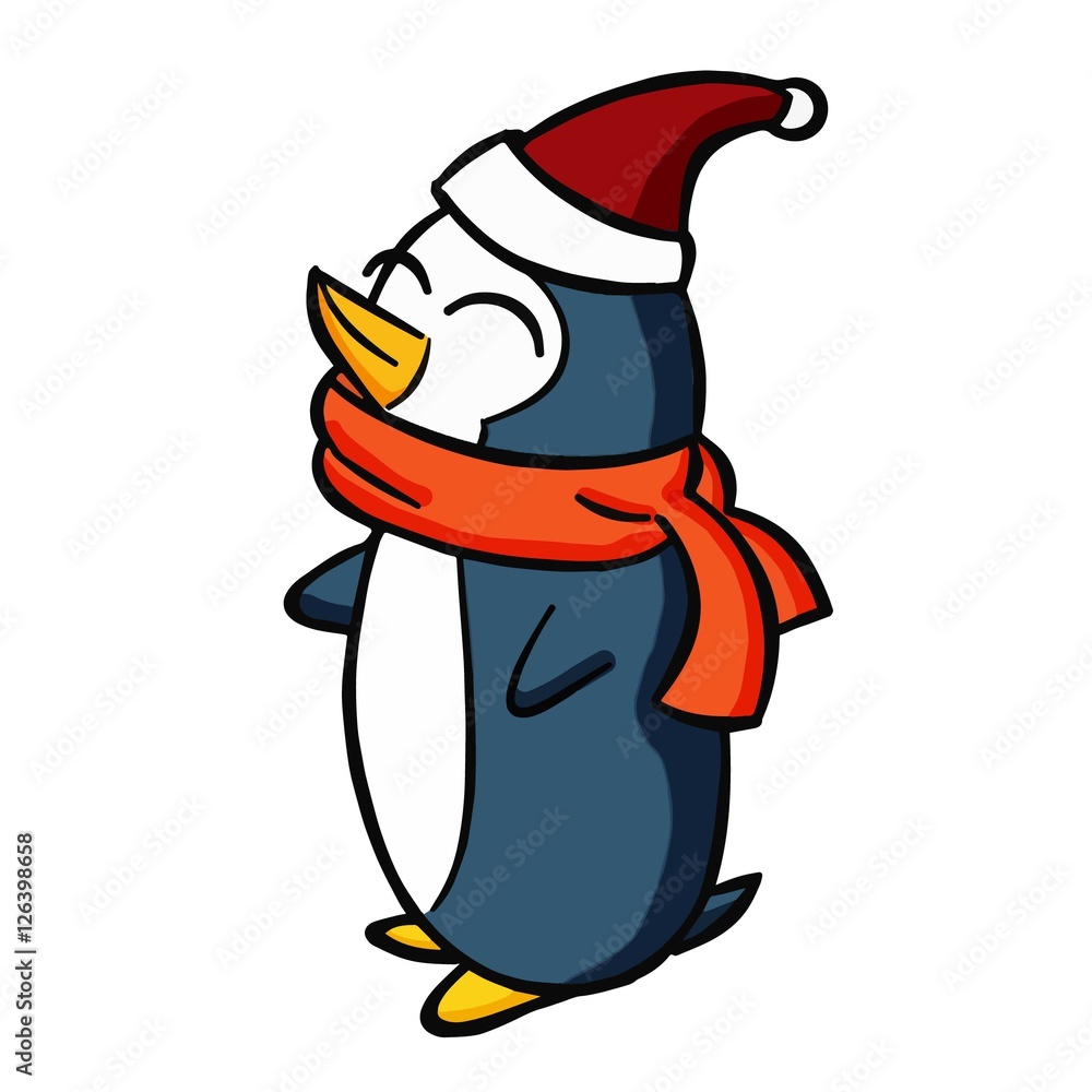 Obraz premium Funny and cute penguin with santa's hat - vector.