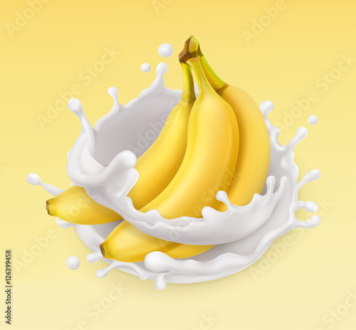 Banana and milk splash. Fruit and yogurt. Realistic illustration. 3d vector icon