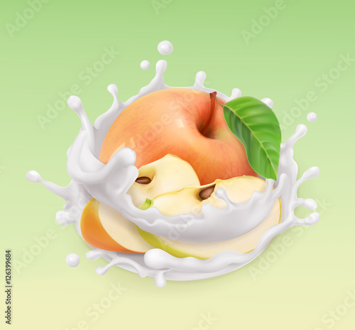Apple and milk splash. Fruit and yogurt. 3d vector icon. Realistic illustration