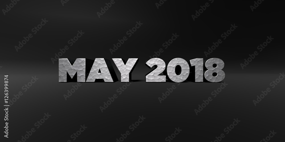 MAY 2018 - hammered metal finish text on black studio - 3D rendered royalty free stock photo. This image can be used for an online website banner ad or a print postcard. MAY 2018 - hammered metal finish text on black studio - 3D rendered royalty free stock photo. This image can be used for an online website banner ad or a print postcard.