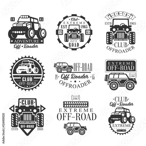 Quad Bike Rental Club Set Of Emblems With Black And White Quadricycle Atv Off-Road Transportation Silhouettes