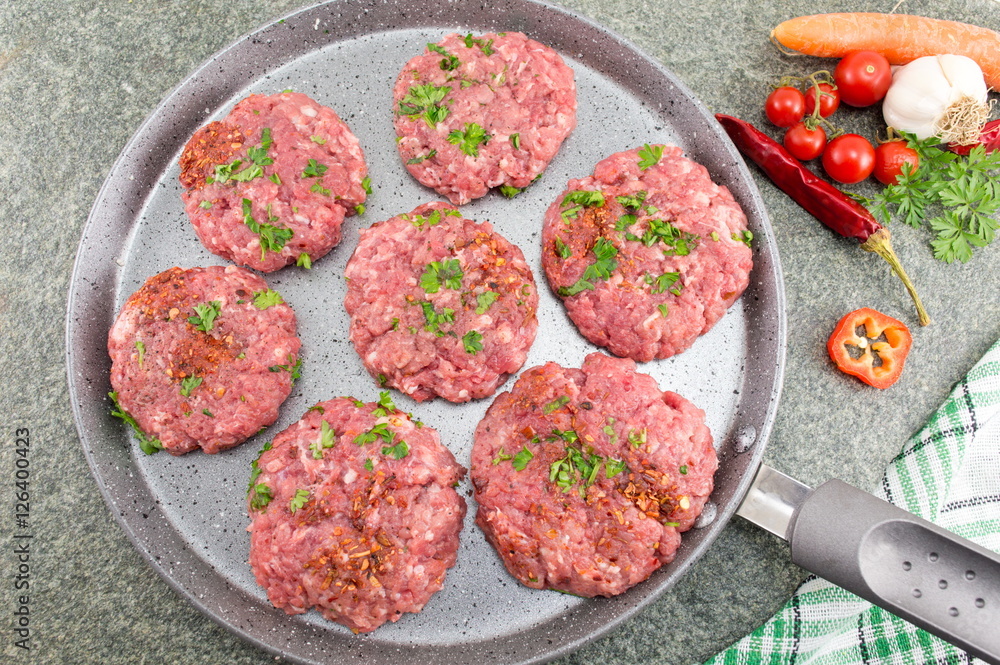 Raw meatballs ready for frying on a pan Raw meatballs ready for frying on a pan