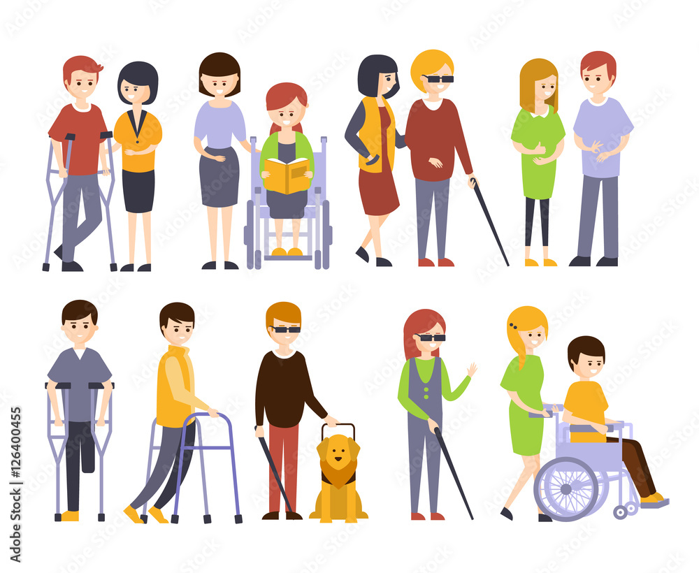 Physically Handicapped People Receiving Help And Support From Their Friends And Family, Enjoying Full Life With Disability Set Of Illustrations With Smiling Disabled Men And Women