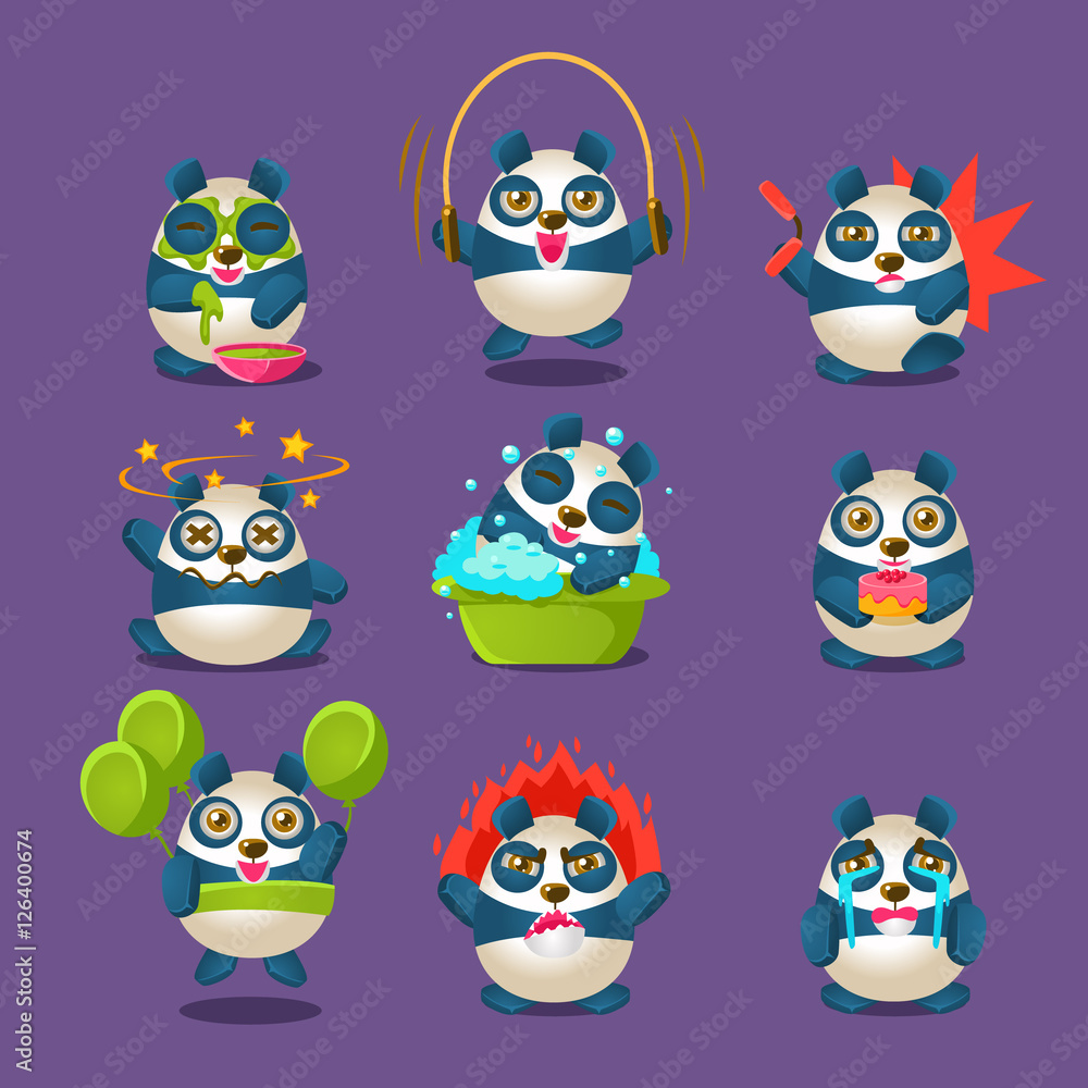 Cute Panda Emotions And Activities Collection With Humanized Cartoon Panda Character Doing Different Day-to-day Things Cute Panda Emotions And Activities Collection With Humanized Cartoon Panda Character Doing Different Day-to-day Things