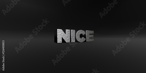NICE - hammered metal finish text on black studio - 3D rendered royalty free stock photo. This image can be used for an online website banner ad or a print postcard.
