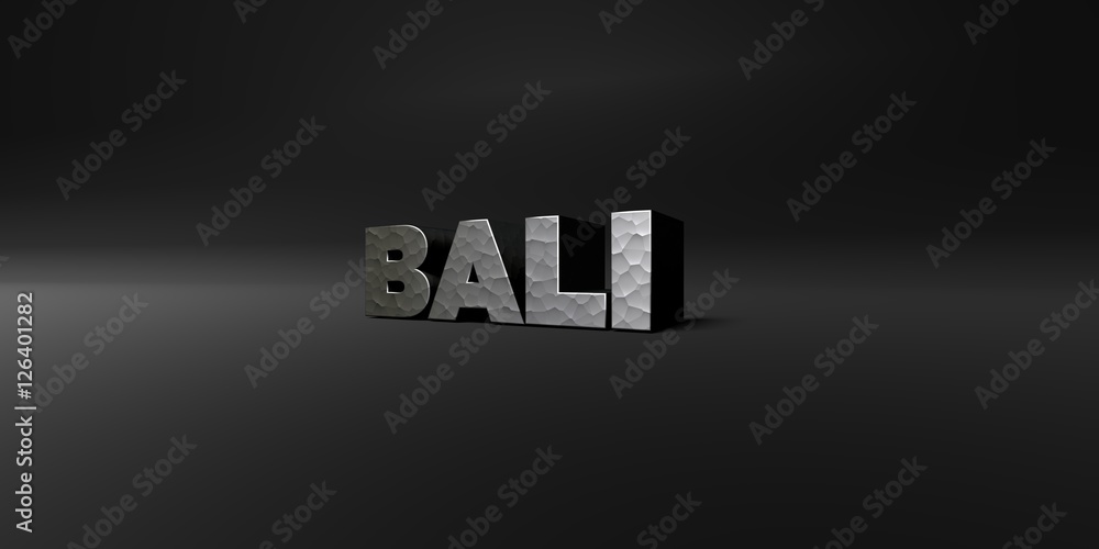 Obraz premium BALI - hammered metal finish text on black studio - 3D rendered royalty free stock photo. This image can be used for an online website banner ad or a print postcard.