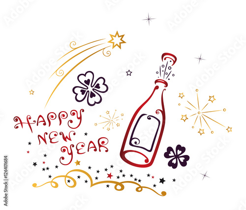 Frohes neues Jahr. Silvester Party Bild mit Feuerwerk, Klee und Sektflasche.  Stock Vector | Adobe Stock