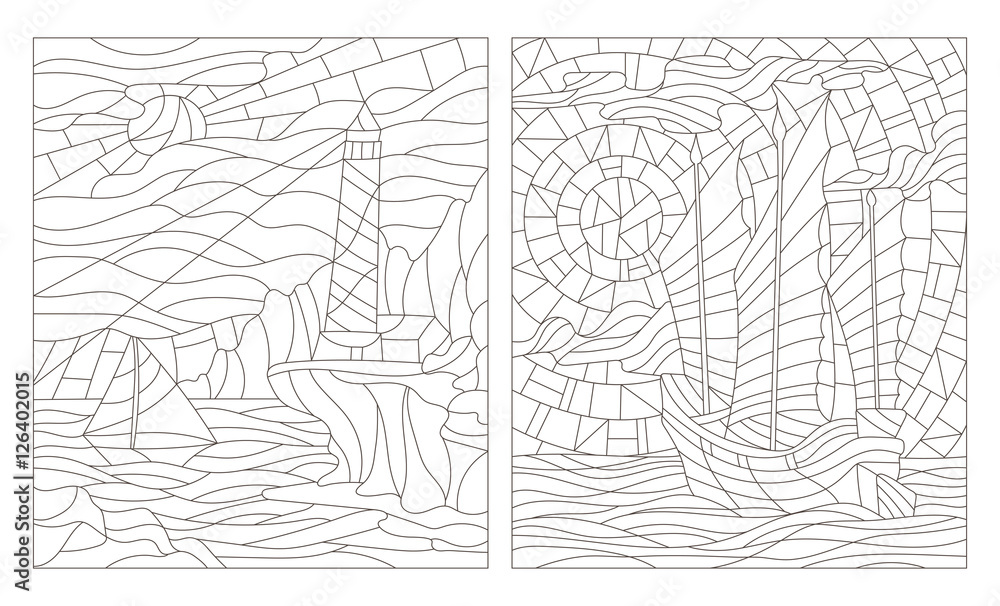 Obraz premium Set contour illustrations of seascapes, dark outline on a white background