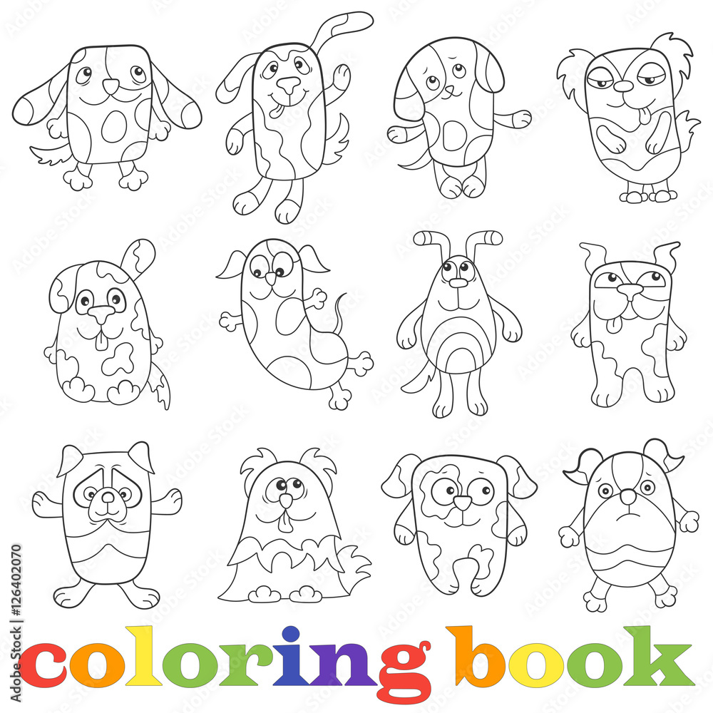 Illustration with set of contour funny dogs, coloring book