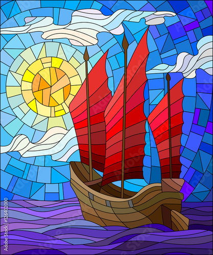 The Eastern ship with red sails on the background of sky, sun and ocean