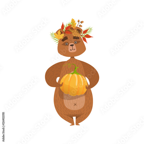 Girly Cartoon Brown Bear Character Holding Pumpkin And Wearing Fallen Leaves Chaplet Illustration