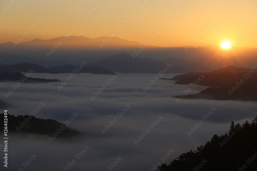 Obraz premium 野迫川村の雲海と朝焼け