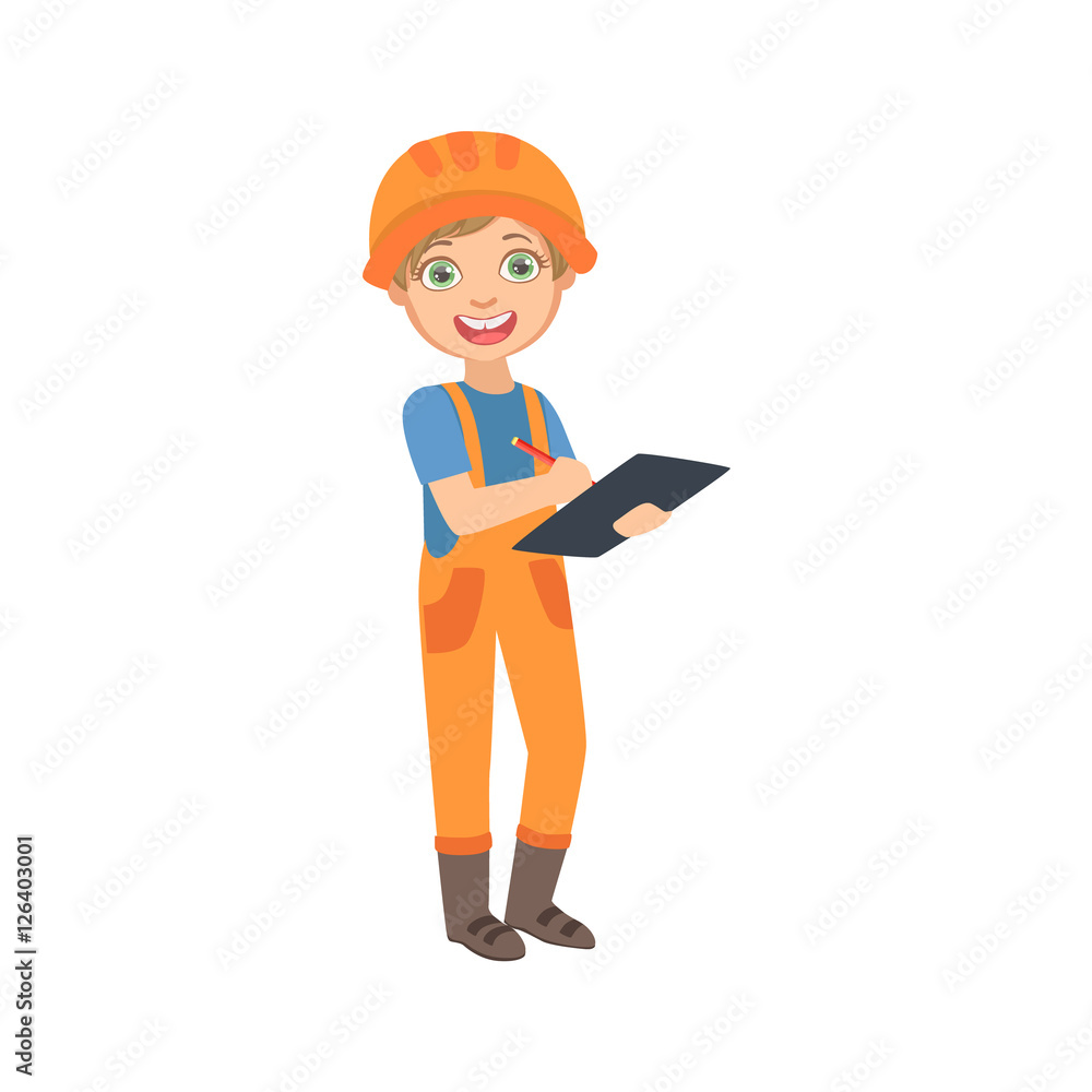 Boy Work Superintendent With The Checklist, Kid Dressed As Builder On The Construction Site Future Dream Profession Set Illustration Boy Work Superintendent With The Checklist, Kid Dressed As Builder On The Construction Site Future Dream Profession Set Illustration