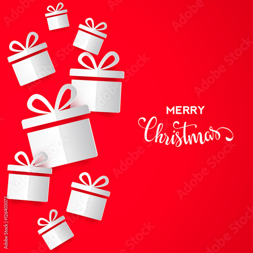 Christmas card with paper gifts on red background