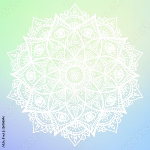 Round mandala on dreamy gradient background. Translucent mesh pattern in the form of a mandala. Mandala with floral patterns. Yoga template.