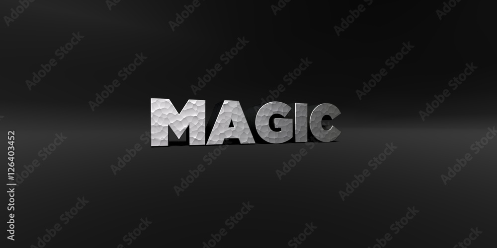 MAGIC - hammered metal finish text on black studio - 3D rendered royalty free stock photo. This image can be used for an online website banner ad or a print postcard.