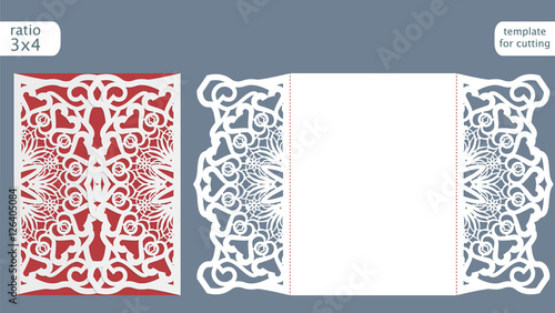 Laser cut wedding invitation card template vector. Die cut paper card with abstract pattern. Cutout paper gate fold card for laser cutting or die cutting template.